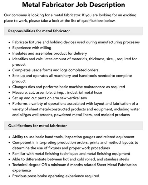 metal fabricator shop manager job description|structural steel fabricator job description.